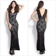 Fashion Maxi Long Evening Black Lace Bride Dress (50140)